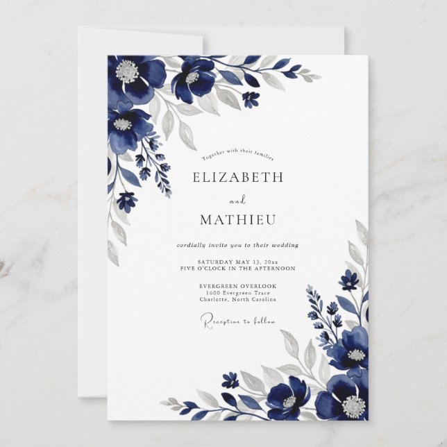 Convite Casamento de Inverno Refined Navy (Frente)