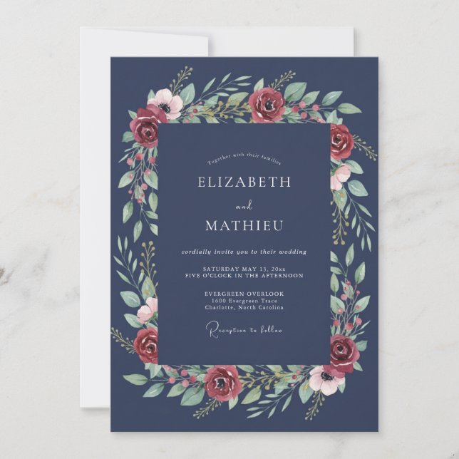 Convite Casamento de Inverno Rosa Navy (Frente)