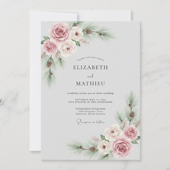 Convite Casamento de Inverno Rosa Piney (Frente)