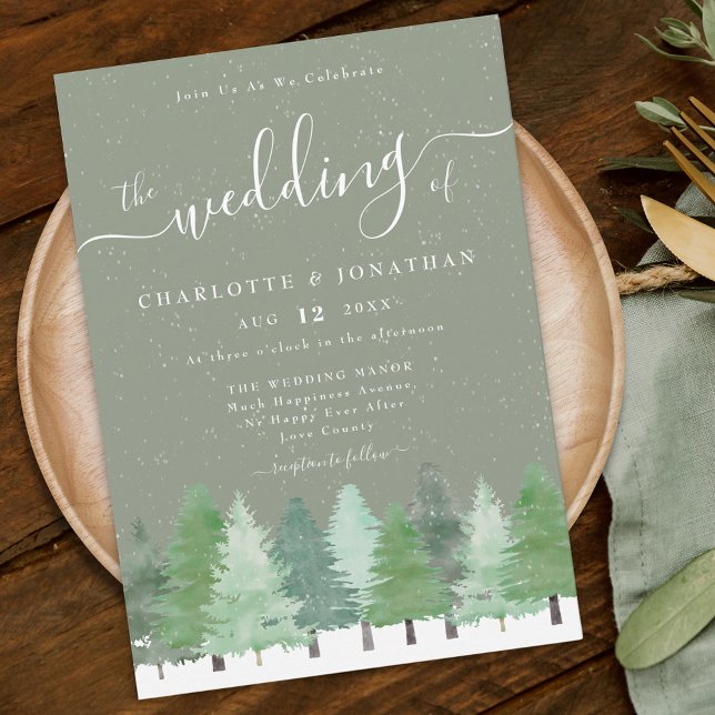 Convite Casamento de Inverno Rústico em Verde Oliva da Flo (Rustic elegant watercolor snowy evergreen Woodland winter forest sage green wedding invitation)
