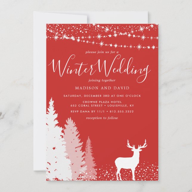 Convite Casamento de Inverno Rústico Veado Floresta Vermel (Frente)