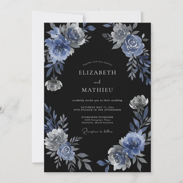 Convite Casamento de Inverno sob a Lua Azul-Marinho (Frente)