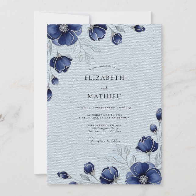 Convite Casamento de Inverno Sofisticado Azul Marinho (Frente)