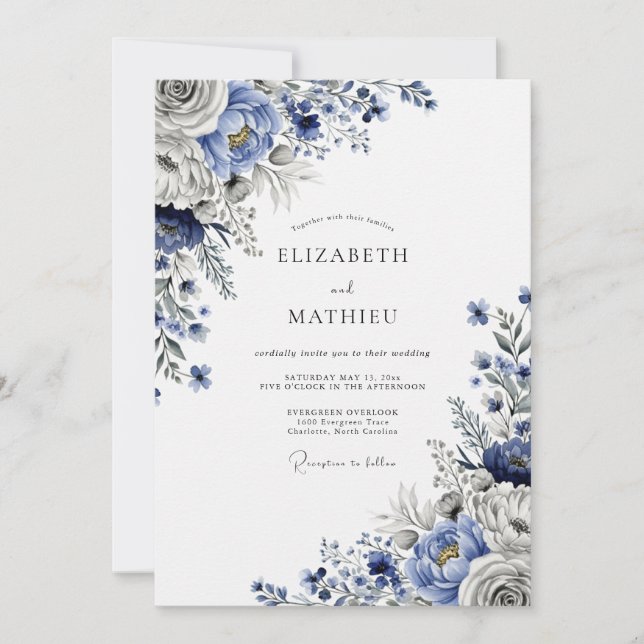 Convite Casamento de Inverno Sublime em Azul Aço (Frente)