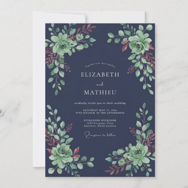 Convite Casamento de Inverno Verde Azul-Marinho (Frente)