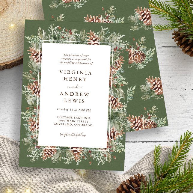 Convite Casamento de Inverno Verde Elegante (Elegant Green Pinecone Winter Outdoor Wedding Invitation by Painted Paperie
)