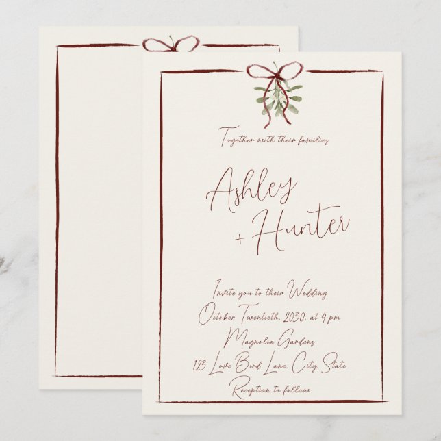 Convite Casamento de Inverno Vermelho Borgonha Rústico com (Frente/Verso)
