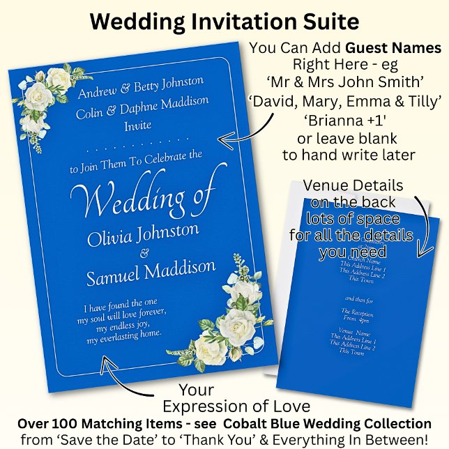 Convite Casamento de Invitation Cobalt Blue & White Roses (Criador carregado)