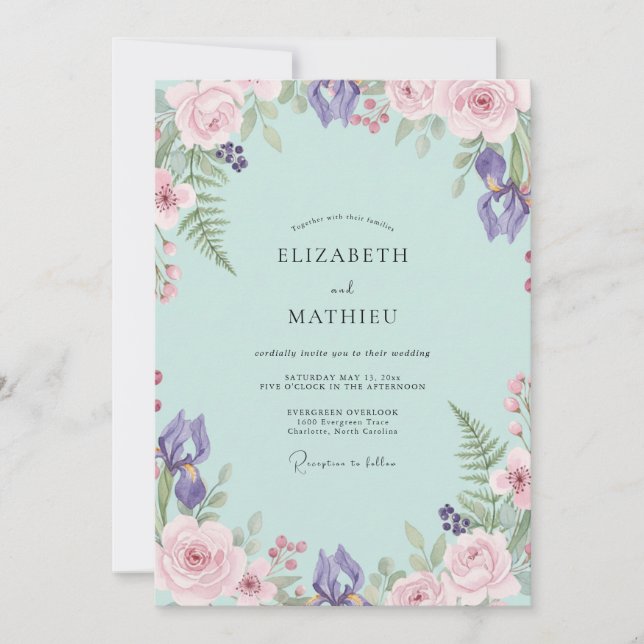 Convite Casamento de Íris de Eucalipto Roxo Aqua (Frente)
