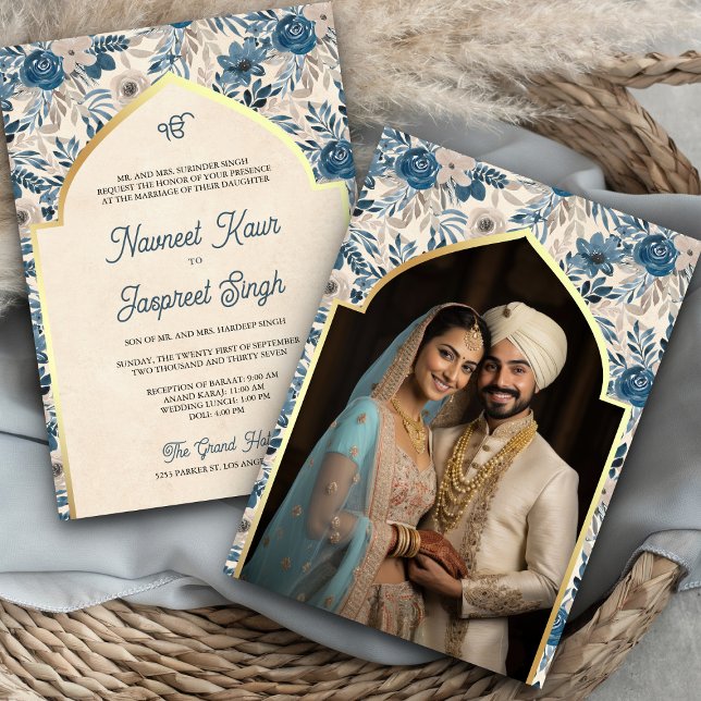 Convite Casamento de Ivory Blue Floral Anand Karaj Sikh (Criador carregado)