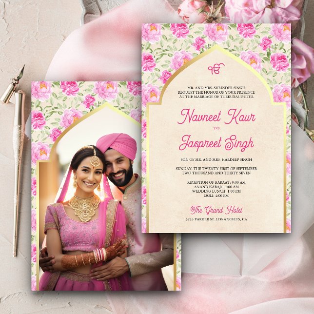 Convite Casamento De Ivory Pink Foto Floral Anand Karaj Si (Criador carregado)