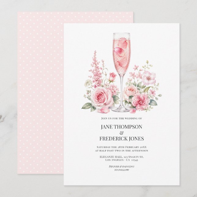 Convite Casamento de Jardim Champagne Elegante com Rosa (Frente/Verso)