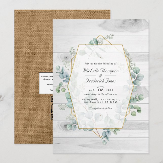 Convite Casamento de Jardim com Código QR Eucalipto Geomét (Frente/Verso)