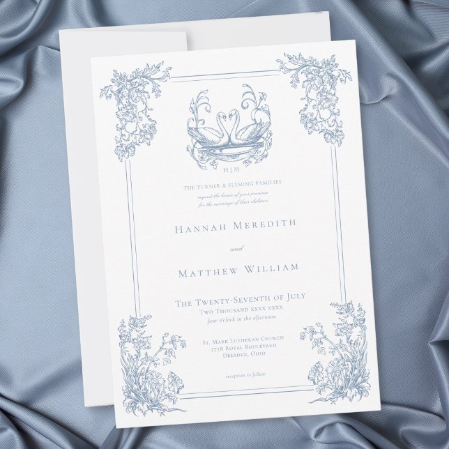 Convite Casamento de Jardim com Crista de Cisne Azul Elega (Vintage Elegant Blue Swan Crest Garden Wedding Invitation)
