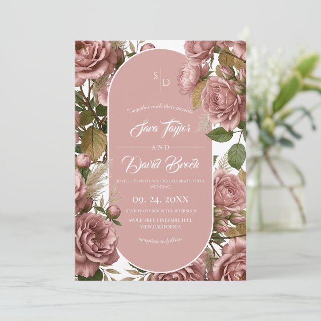 Convite Casamento de Jardim com Florais Rosa Elegantes e M (Em pé/Frente)