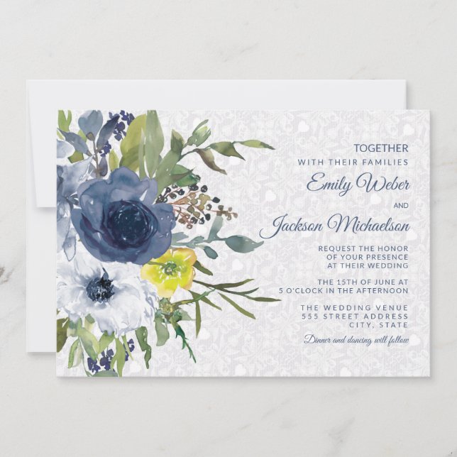 Convite Casamento de Jardim com Floral e Renda Naval Amare (Frente)
