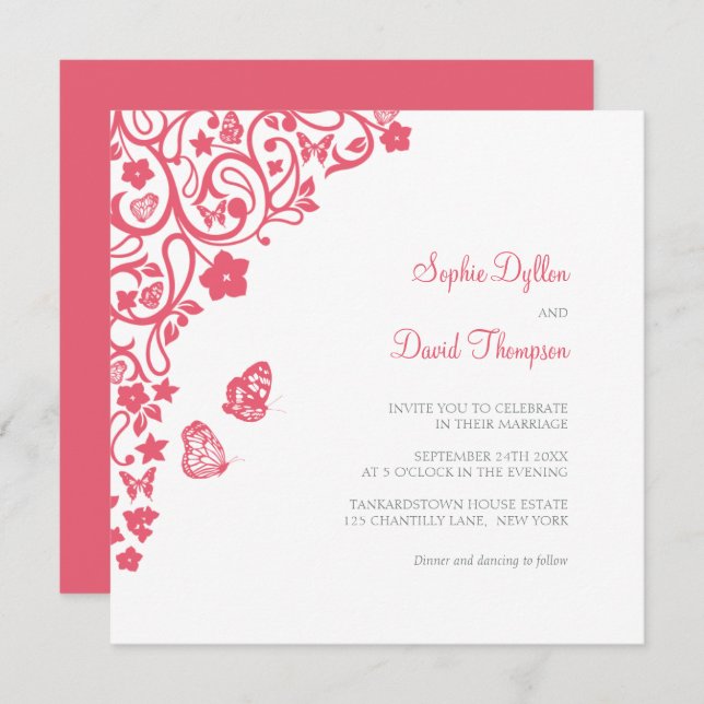 Convite Casamento de Jardim de Borboleta Floral Coral Rosa (Frente/Verso)