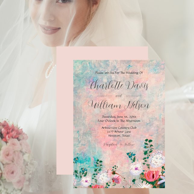 Convite Casamento de Jardim de Flores Rosa-Rosa-Esmagada-D (Watercolor Blush Pink Wildflower Garden Wedding Invitation)
