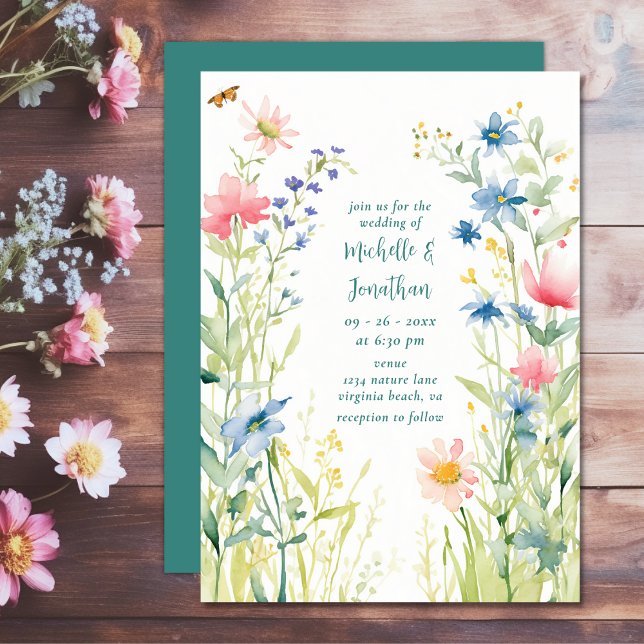 Convite Casamento de Jardim de Flores Selvagens bonito (Pretty Watercolor Wildflowers Wedding Invitation)