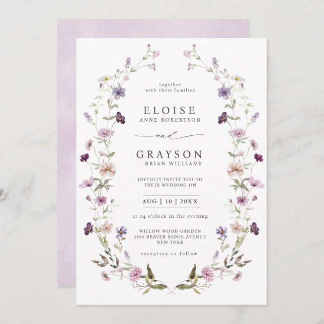 Convite Casamento de Jardim de Flores Selvagens com Lavand (Frente/Verso)