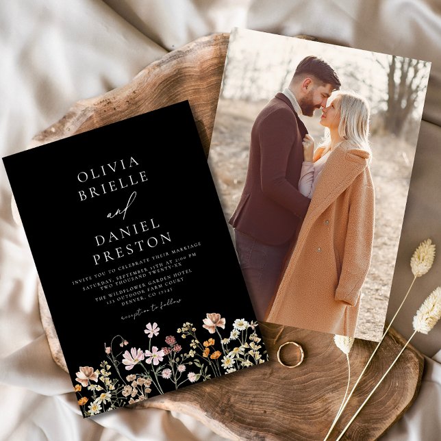 Convite Casamento de Jardim de Fotos Brancas Negra de Boho (Criador carregado)