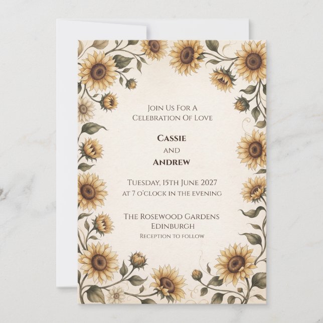 Convite Casamento de Jardim de Girassóis Vintage (Frente)