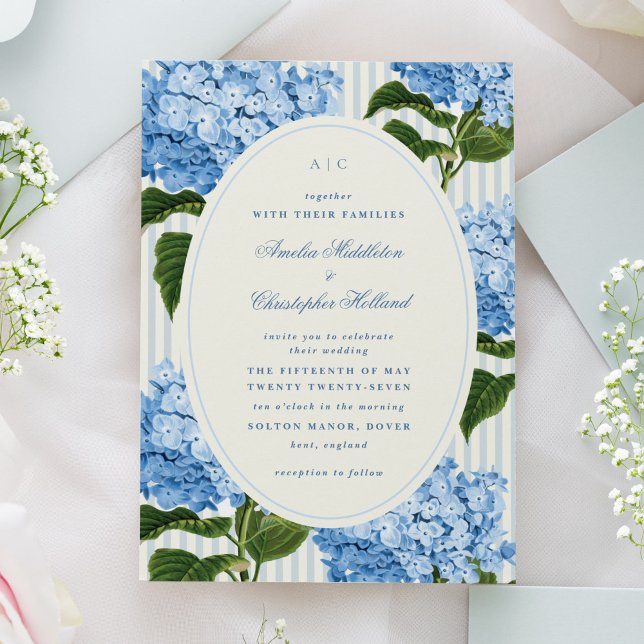 Convite Casamento de Jardim de Hortênsias Azuis da Costa L (preppy watercolour hydrangea flowers wedding invitation in blue and off-white.)
