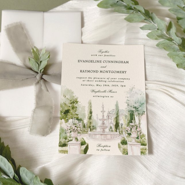 Convite Casamento de Jardim de Manor de Aquarela Elegante (Criador carregado)