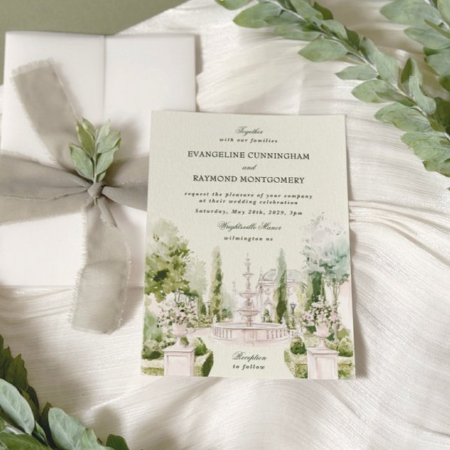 Convite Casamento de Jardim de Manor de Aquarela Elegante (Criador carregado)