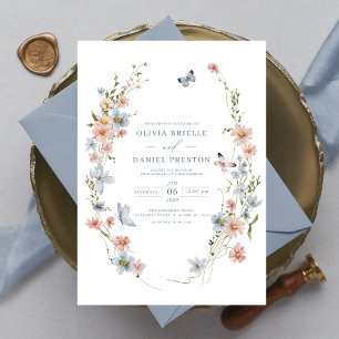 Convite Casamento de Jardim Elegante Rosa-Rosa-Blush Azul-