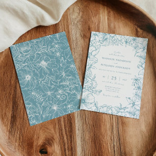 Convite Casamento de Jardim Floral Azul Simples e Elegante