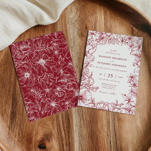 Convite Casamento de Jardim Floral Burgundy Simples e Eleg