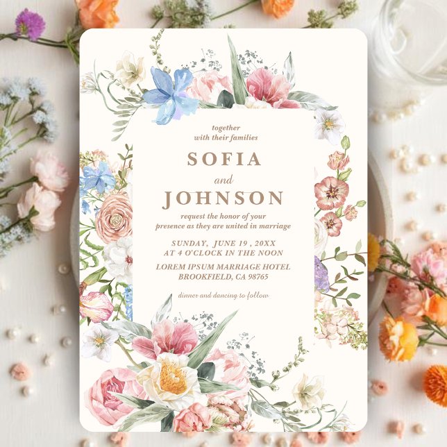 Convite Casamento de Jardim Floral Pastel de Flores Silves (Criador carregado)