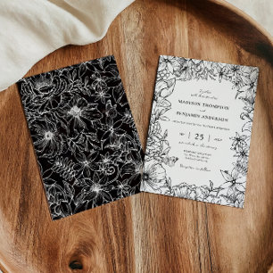 Convite Casamento de Jardim Floral Preto e Branco Simples 