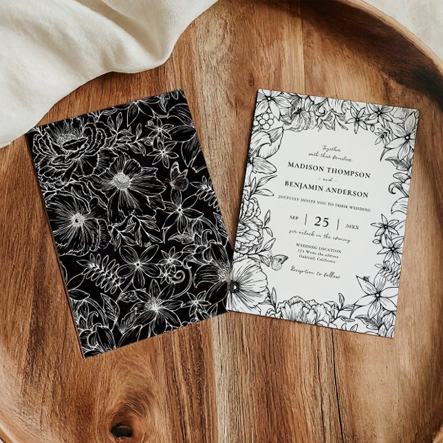 Convite Casamento de Jardim Floral Preto e Branco Simples  (Criador carregado)