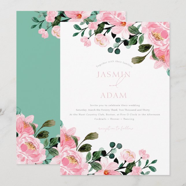 Convite Casamento de Jardim Floral Rosa Elegante (Frente/Verso)