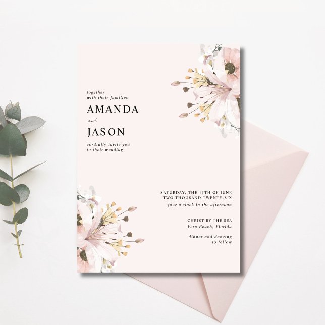 Convite Casamento de Jardim Floral Rosa Elegante (Elegant Pink Floral Garden Wedding Invitation)