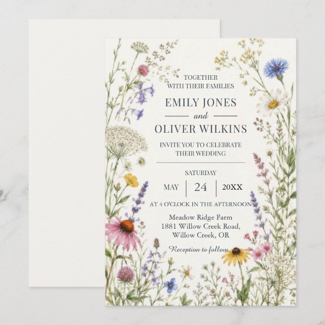 Convite Casamento de Jardim Rústico com Flores Silvestres (Frente/Verso)