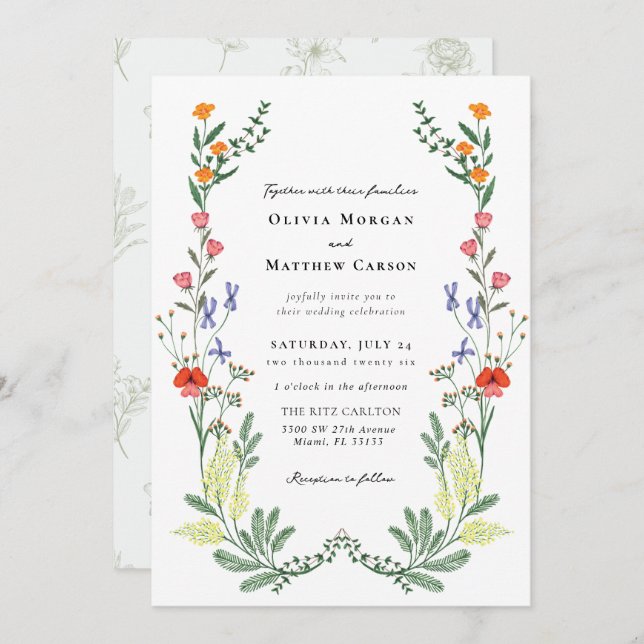 Convite Casamento de Jardim Secreto Boho Wildflower (Frente/Verso)