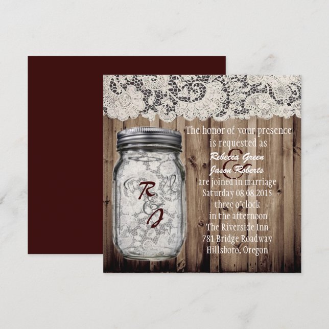 Convite casamento de jarra de mason de madeira rústica vin (Frente/Verso)