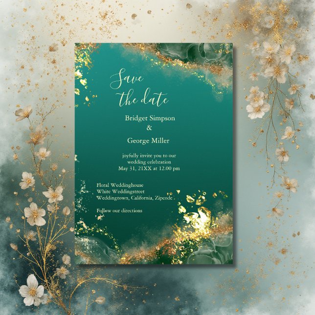 Convite Casamento de joia de ouro verde e esmeralda seguro (Criador carregado)
