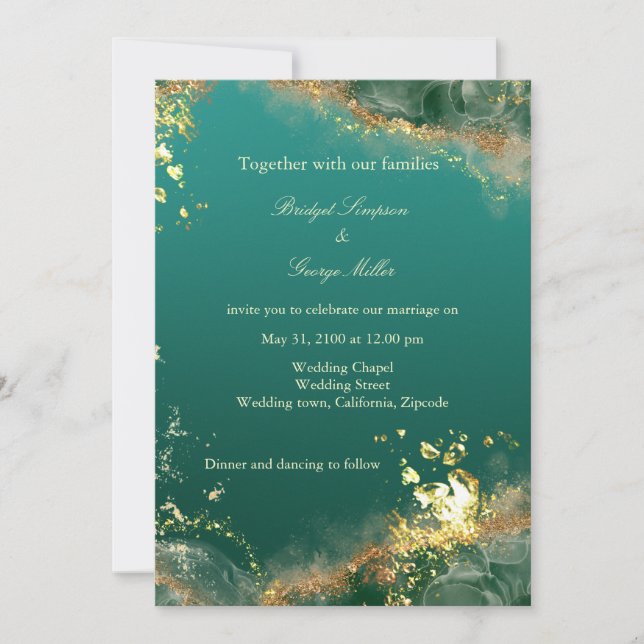 Convite Casamento de joias de ouro verde-esmeralda (Frente)