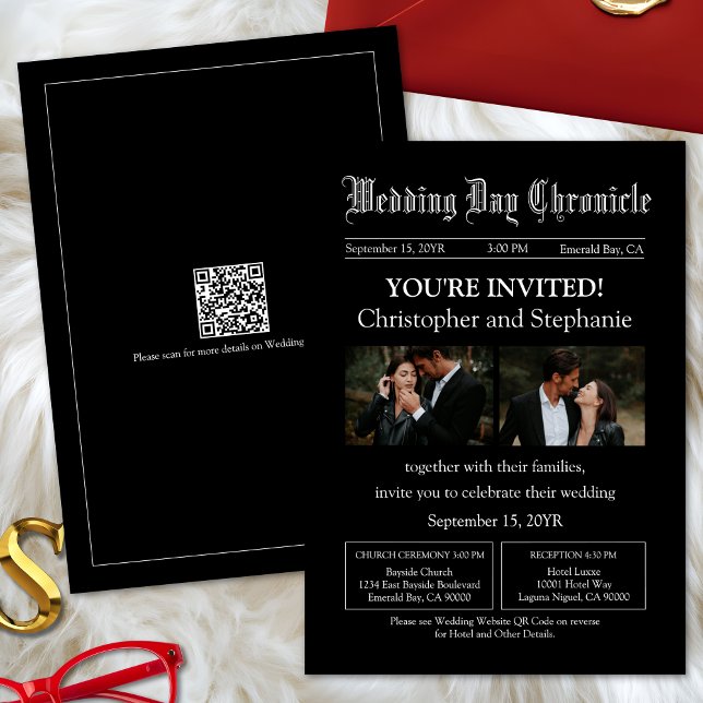 Convite Casamento de jornal com código QR de foto em preto (Personalized Classic Newspaper Style QR Code Black Wedding Invitation)