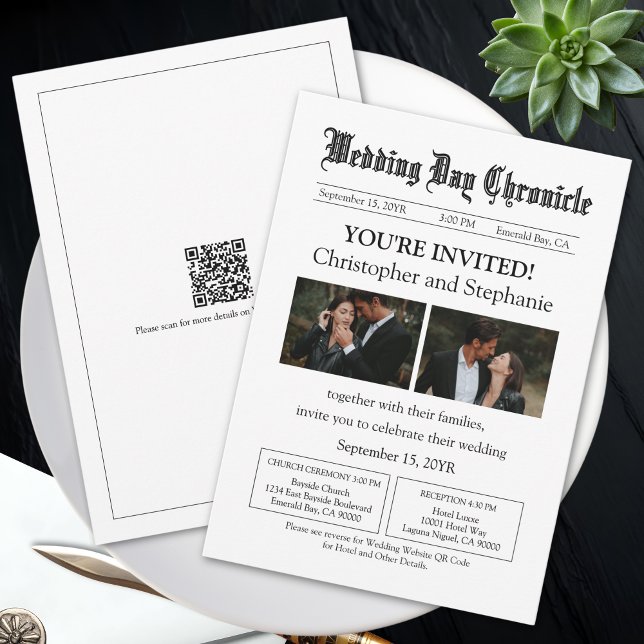 Convite Casamento de jornal com código QR de foto personal (Customized Stylish Newspaper Style QR Code White Wedding Invitation)