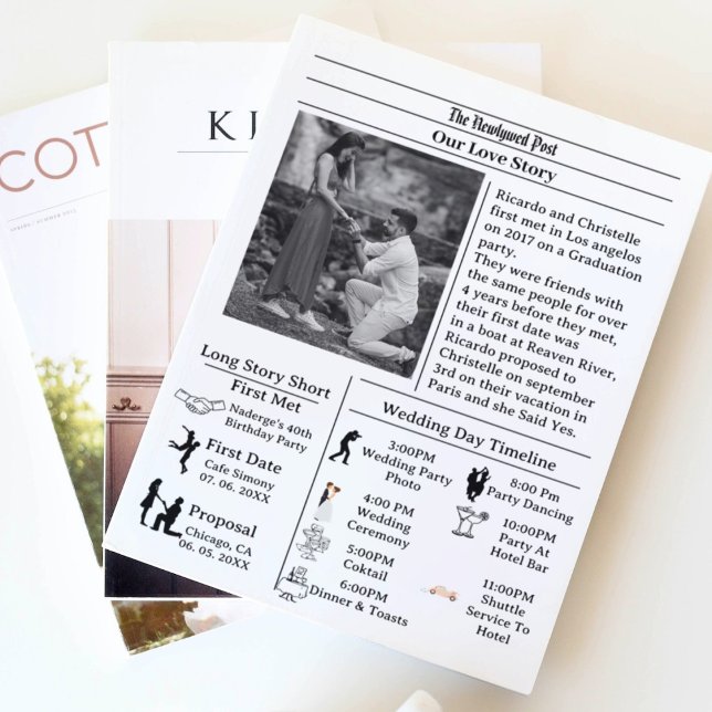 Convite Casamento de jornal com script casual salvar data (Criador carregado)