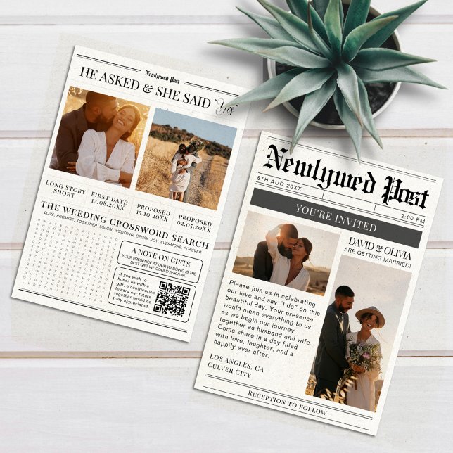 Convite Casamento de Jornal Moderno Preto e Branco (Criador carregado)