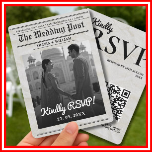Convite Casamento de Jornal Vintage Código QR RSVP Elegant