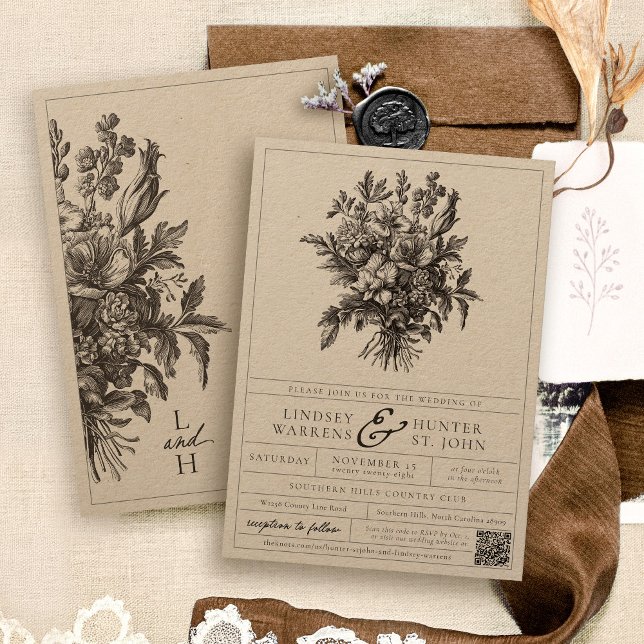 Convite Casamento de Kraft Russo Floral Russo Negro Elegan (Unique kraft black & white vintage floral bouquet elegant botanical classic label wedding invitation)