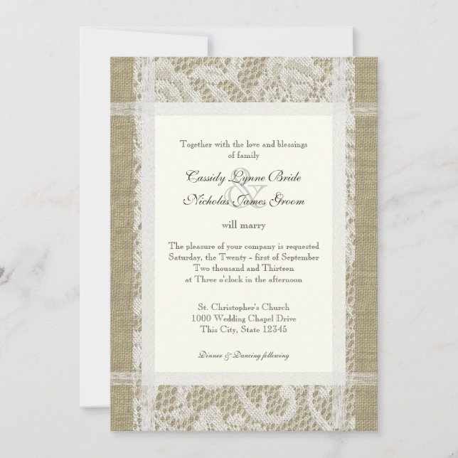 Convite Casamento de Lace e Burlap Country Romance 7x5 (Frente)