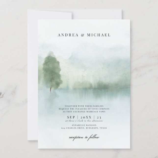 Convite Casamento de Lago e Árvores com Aquarela Abstrata (Frente)